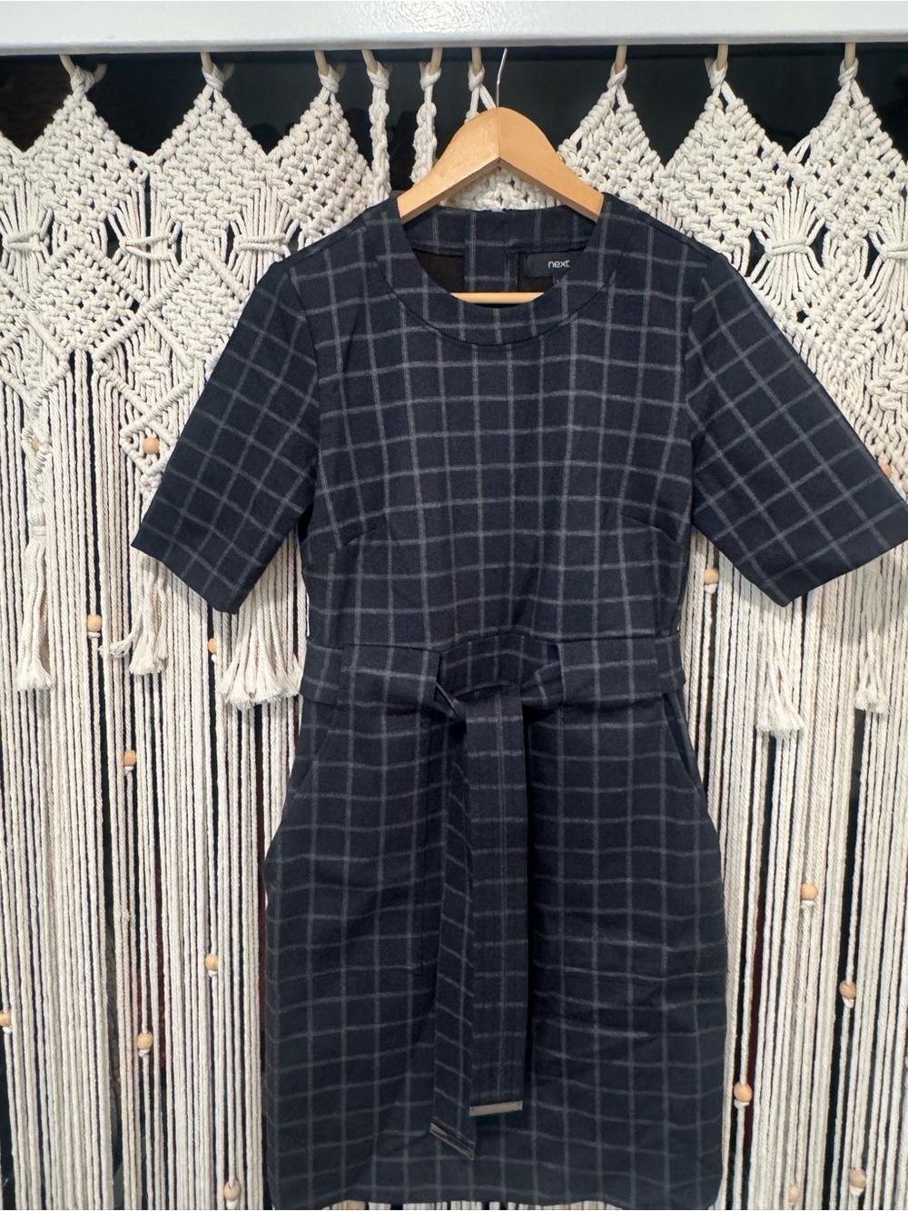 next Navy Windowpane Belted Midi Dress